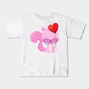 Valentine's Day Squirrel, Pink Squirrel, Glasses Kids T-Shirt